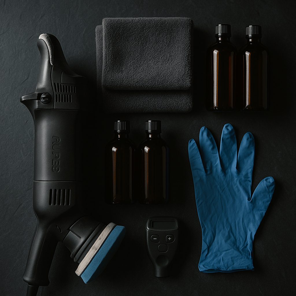 Equipement professionnel de detailing : polisseuse Rupes, microfibres, compound, ceramique